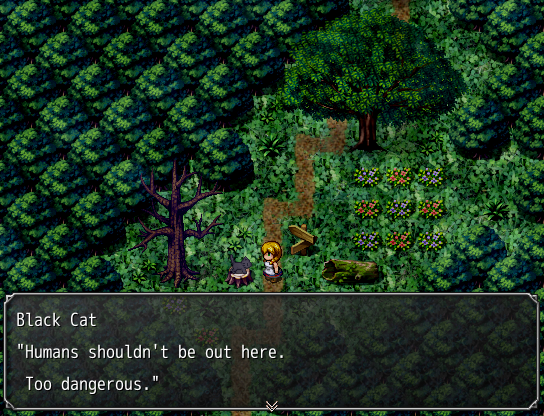 A screenshot from the game. In a lush forest, a blonde girl talks to a black cat, who's saying 'Humans shouldn't be out here. Too dangerous.'