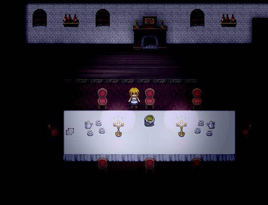 A blonde girl stands in a dimmly lit dining room. In the middle of the long table is a skull bowl full of green liquid.